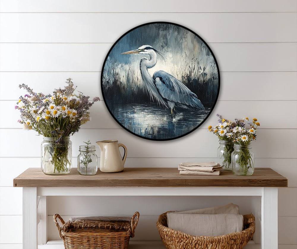 Cool gray tones dominate this modern oil painting art of a heron in silent waters, creating an elegant, moody wildlife piece.