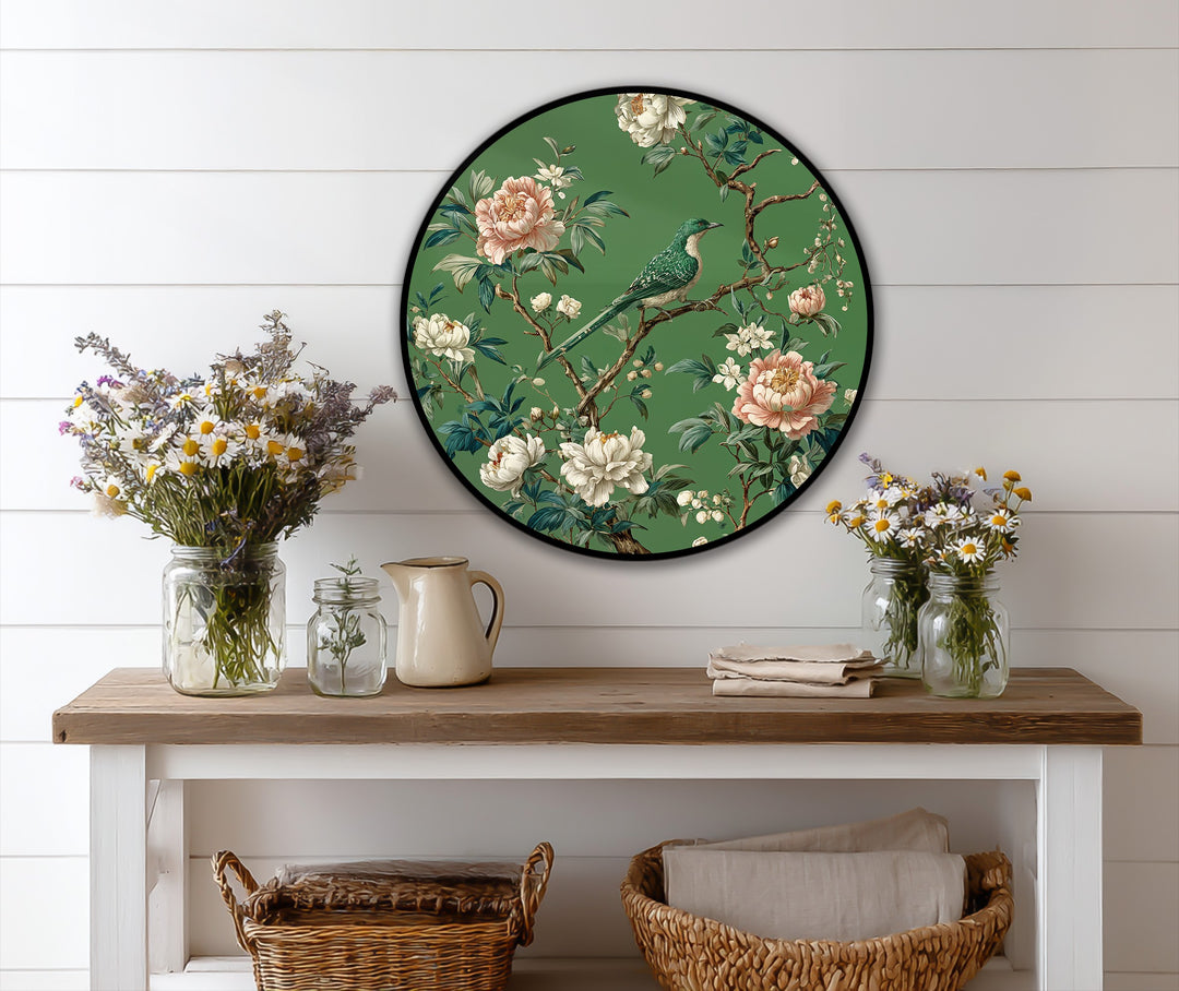 Emerald Songbird Among Blossoms Round Oil Painting