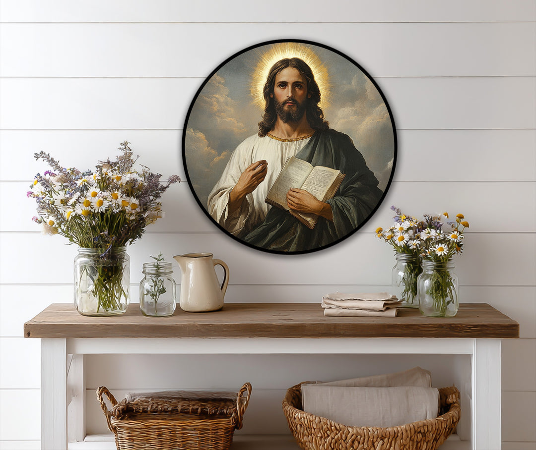 Radiant finish enhances the divine wisdom portrait, a round oil painting artwork depicting Jesus with a golden halo, a captivating piece of sacred art.
