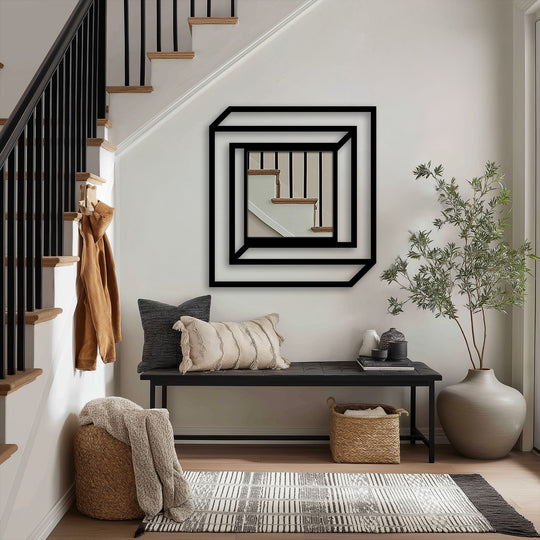 Highlighting the layering effect, this modern layered geometric metal wall mirror presents a striking optical illusion that creates depth and dimension, adding a unique touch to the metal wall decor.