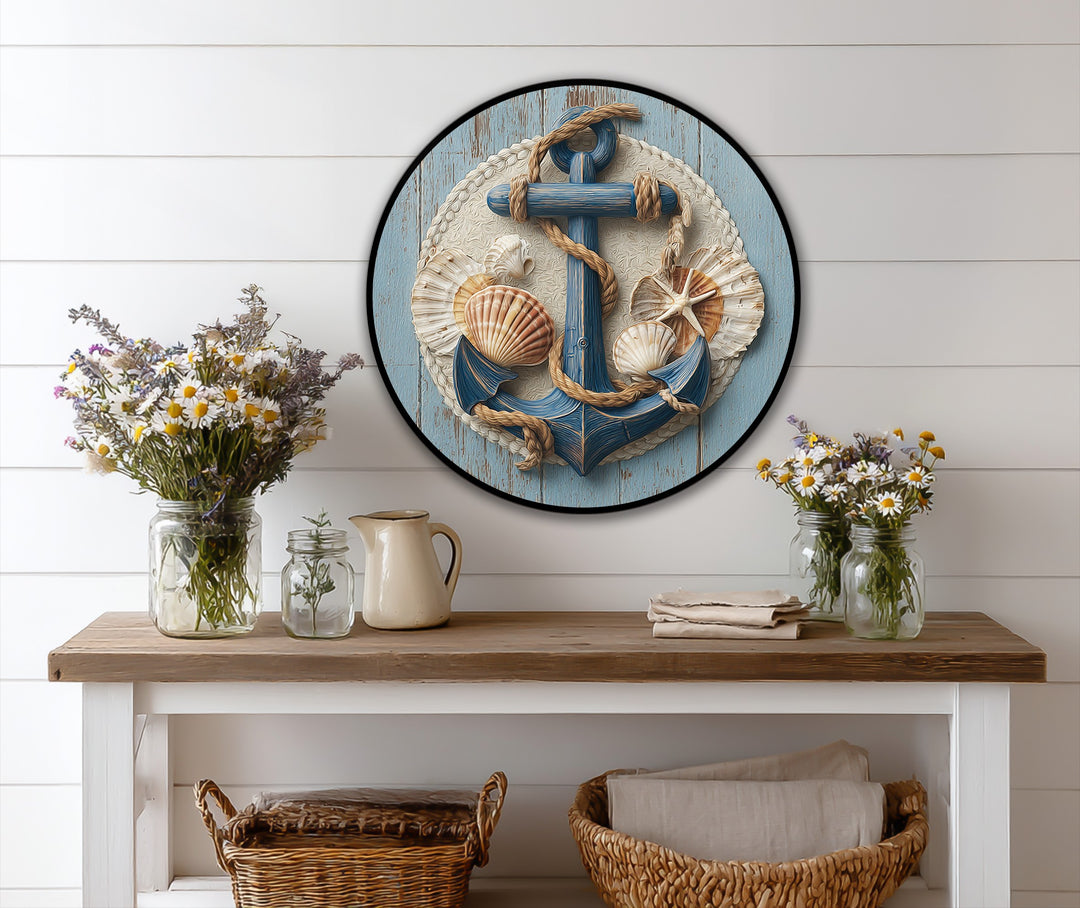 The focal point of this round coastal oil painting shows a blue anchor surrounded by seashells, completing this nautical oil painting art piece.