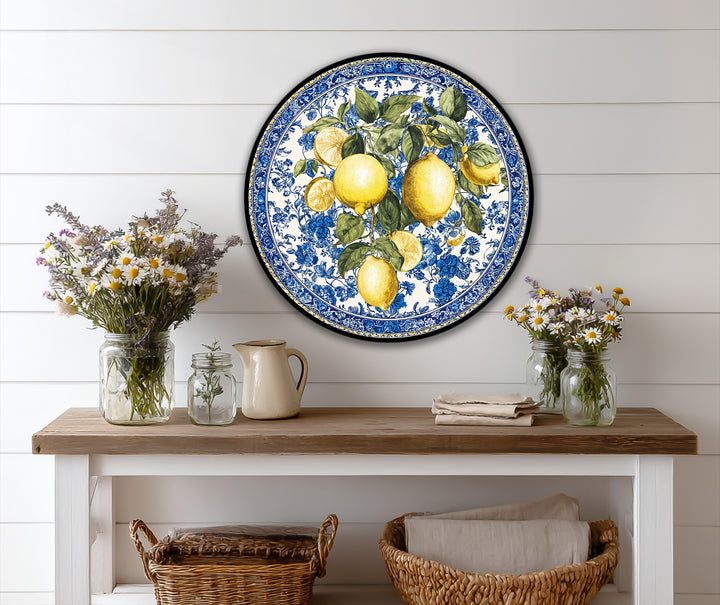 Vibrant yellows meet deep blues in this modern oil painting art, where lemons and florals blend across the round Mediterranean-inspired piece.