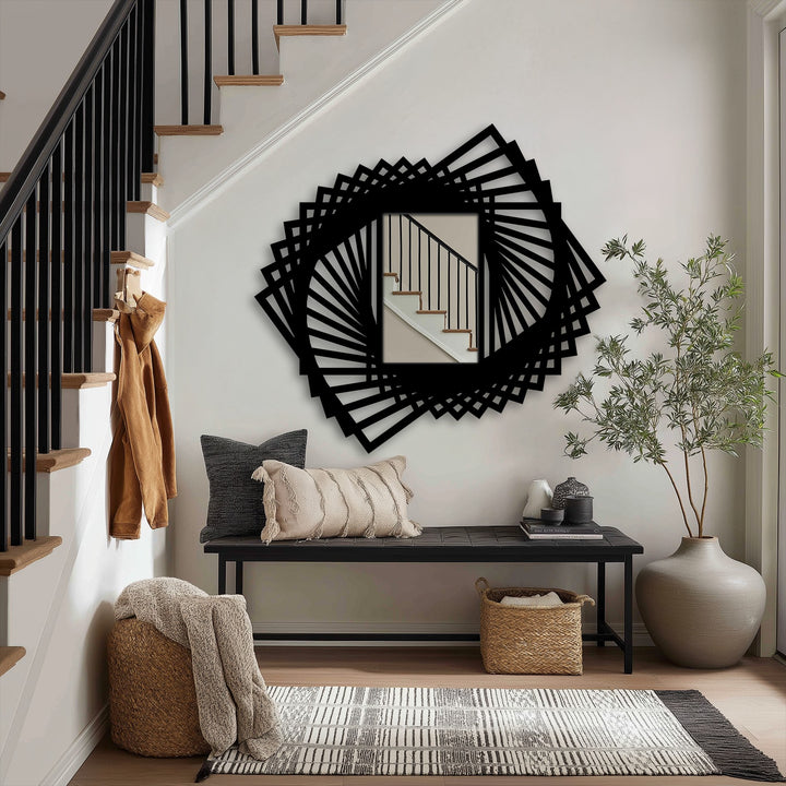Realistic detail highlights the spiral fan metal floor mirror, a piece of decorative metal art with a geometric rotating frame reflected within its own design.