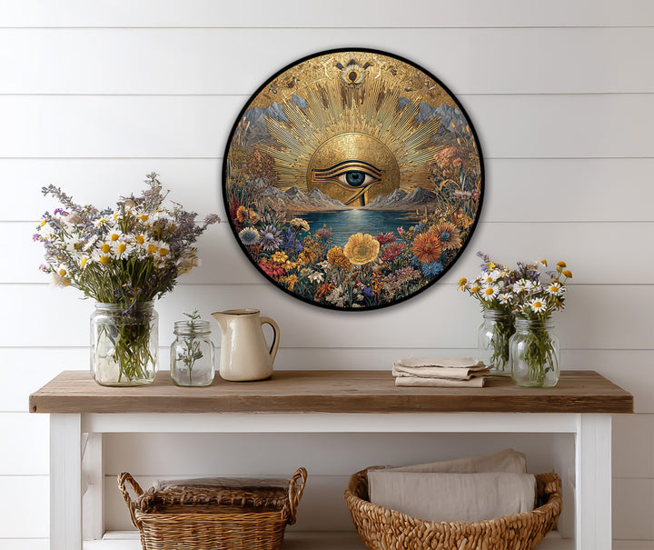 mystical nature round wooden painting