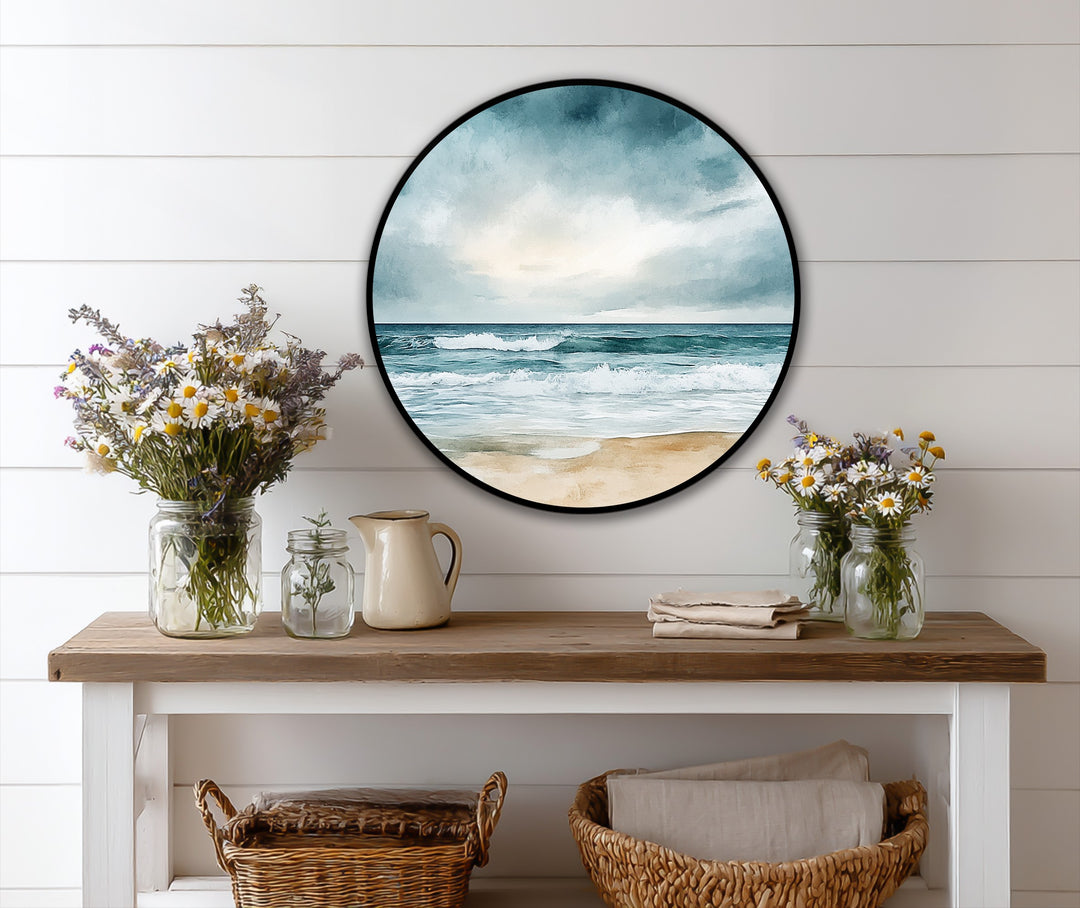 Delicate depth and layers showcase the coastal serenity of this beach horizon round oil painting, displaying intricate oil painting art prints.