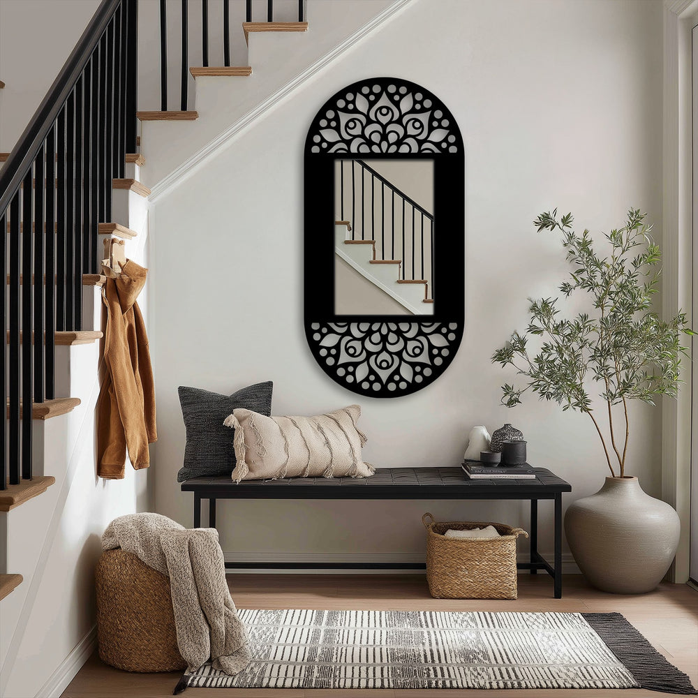 Subtle changes in color highlight the detailed frame on this mandala floral pattern oval floor mirror, a piece of metal wall decor featuring a decorative black finish.