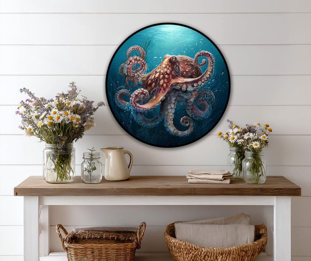 Round, horizontally-oriented oil painting reproduction print displays an octopus amidst deep ocean hues, mounted on a white wall with a rustic console table below.