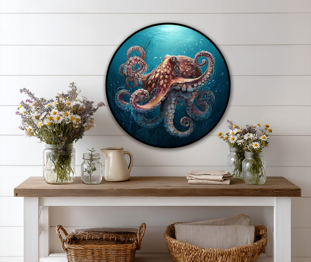 Round, horizontally-oriented oil painting reproduction print displays an octopus amidst deep ocean hues, mounted on a white wall with a rustic console table below.
