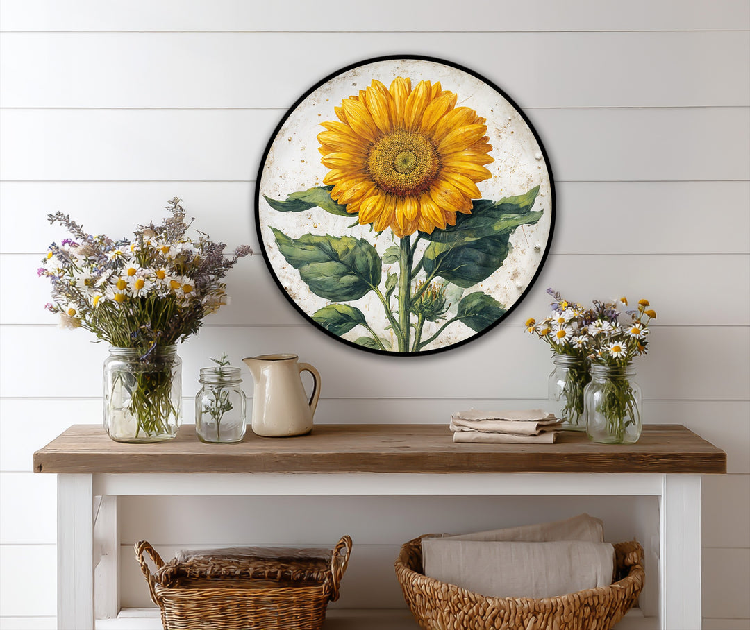 Geometric sunflower round oil painting features a circular canvas, contrasting with the rectangular shiplap wall, embodying modern oil painting art.