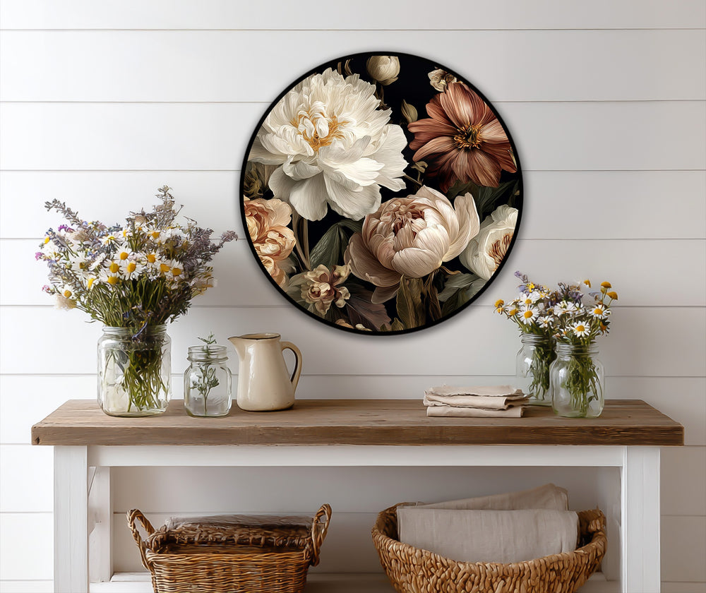 Ethereal mood evoked by this Velvet Bloom floral painting, a modern oil painting art piece featuring peonies on a wood shelf with rustic home decor.