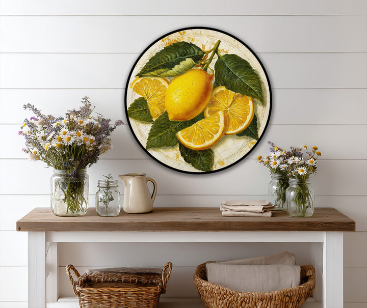 The stillness emanates from this rustic vintage citrus round oil painting art prints depicting a lemon still life with vibrant yellow hues.