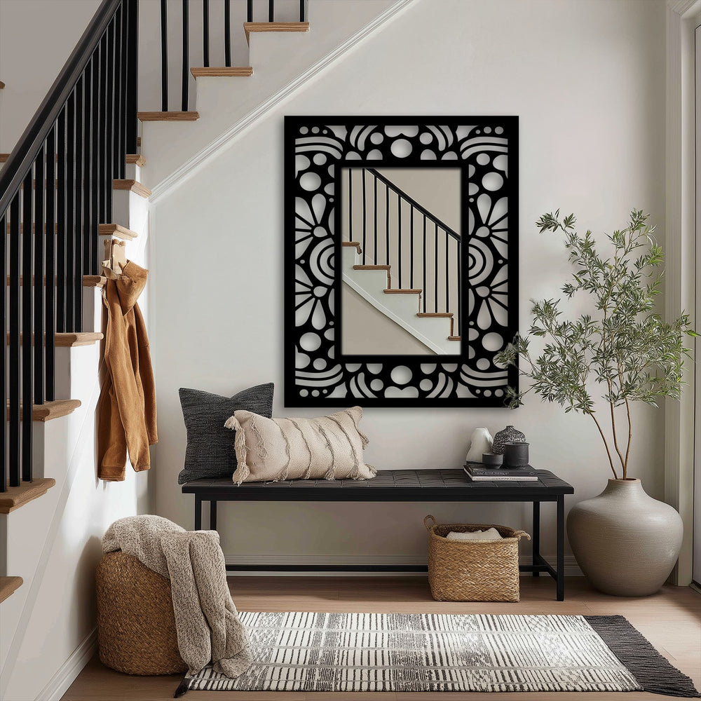 Framed with an ornate, geometric floral pattern, the Art Deco rectangular floor mirror showcases a sleek black border that exemplifies modern wall mirrors design.