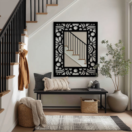 Framed with an ornate, geometric floral pattern, the Art Deco rectangular floor mirror showcases a sleek black border that exemplifies modern wall mirrors design.