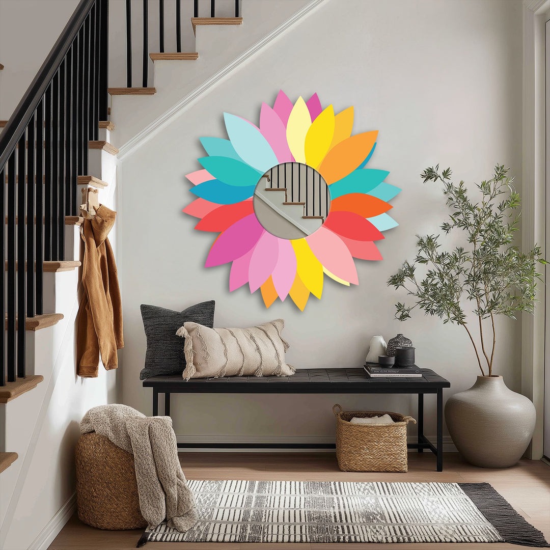 Highlighting the layering effect, this colorful petal wall mirror is a stunning decoration wall art piece, with petals creating a vibrant floral design.