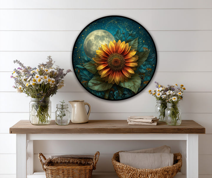A circular moonlit sunflower bloom round oil painting highlights geometric elements, incorporating both circular and radial patterns to enhance the appeal of oil painting art prints.