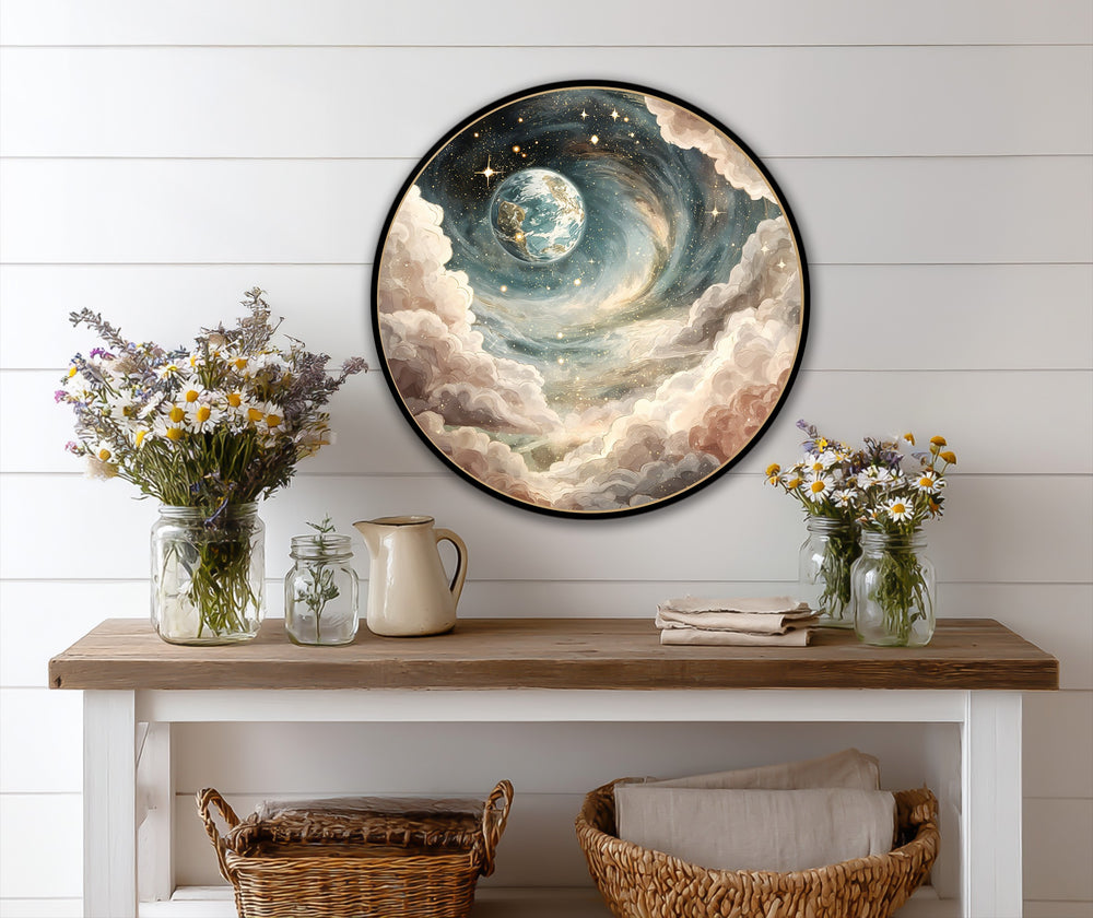 With rich color saturation, the celestial spiral dream round oil painting art piece showcases a cosmic Earth amidst swirling galaxies and golden stars.
