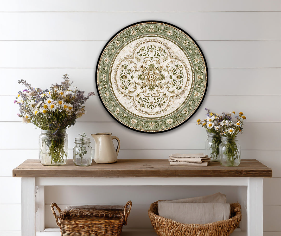 Vintage harmony sage green floral mandala round oil painting art prints are a loudly decorative element, enhancing the rustic aesthetic.