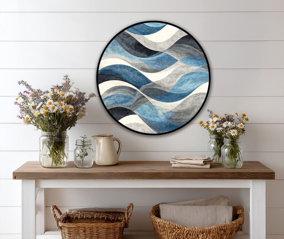 Displayed as the central subject is an ocean rhythm, blue wave abstract round, modern oil painting art with a textured coastal design.