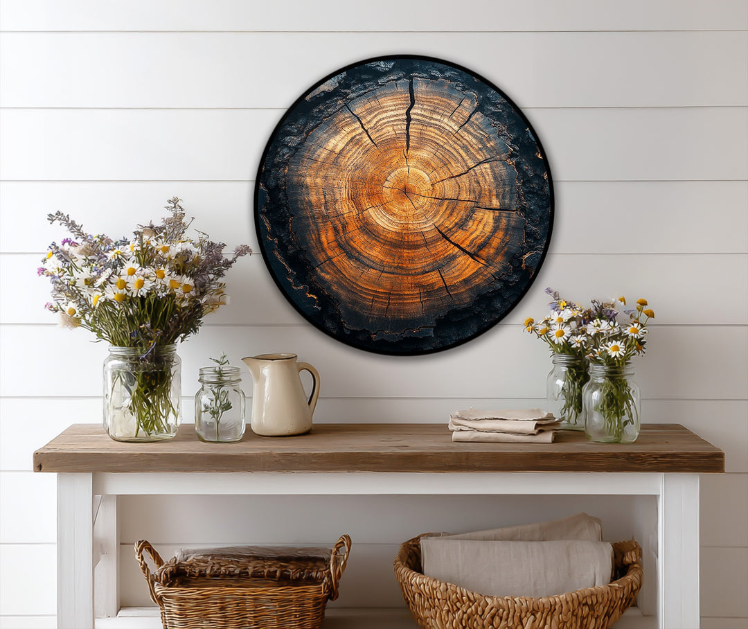 Dramatic color contrast highlights the rustic texture in this tree core oil painting reproduction print, featuring warm amber against dark, charred rings.