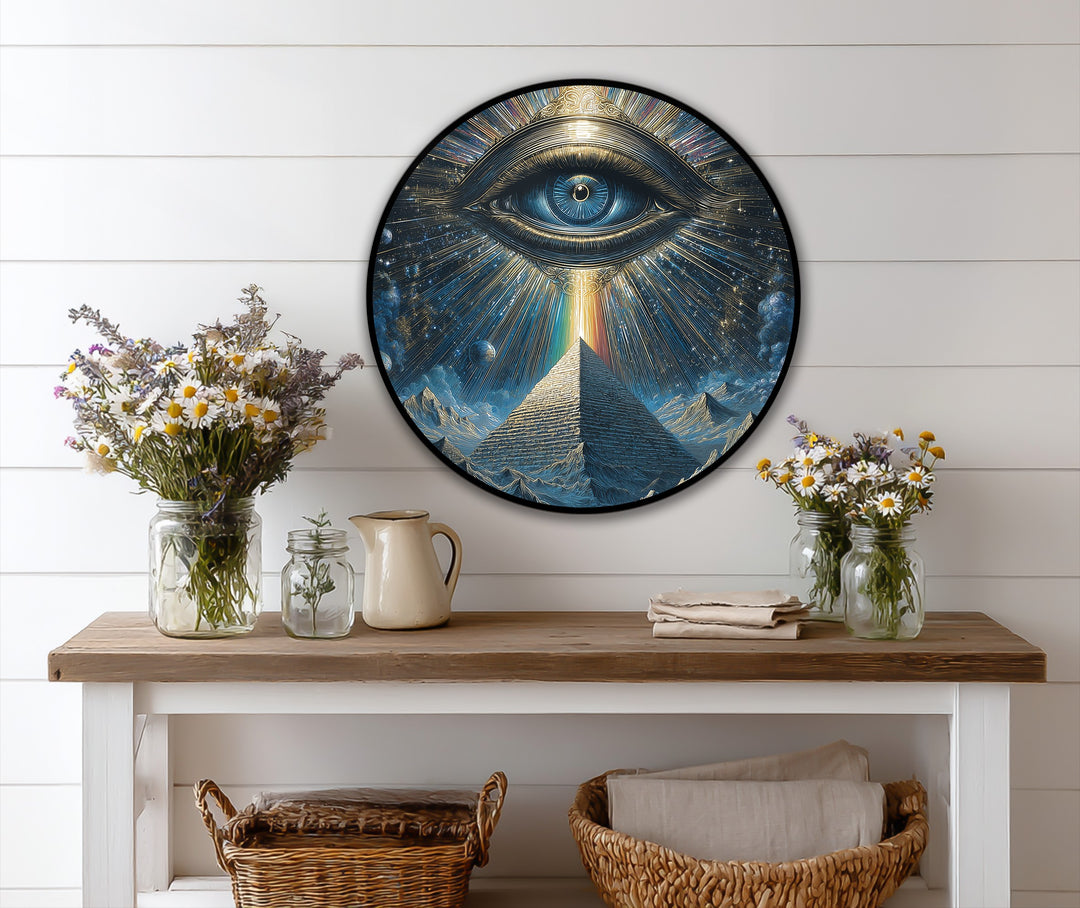 Cosmic rays and brilliant gold accents highlight the oil painting home decor, an eye over a pyramid, making this celestial vision a truly mystical work.