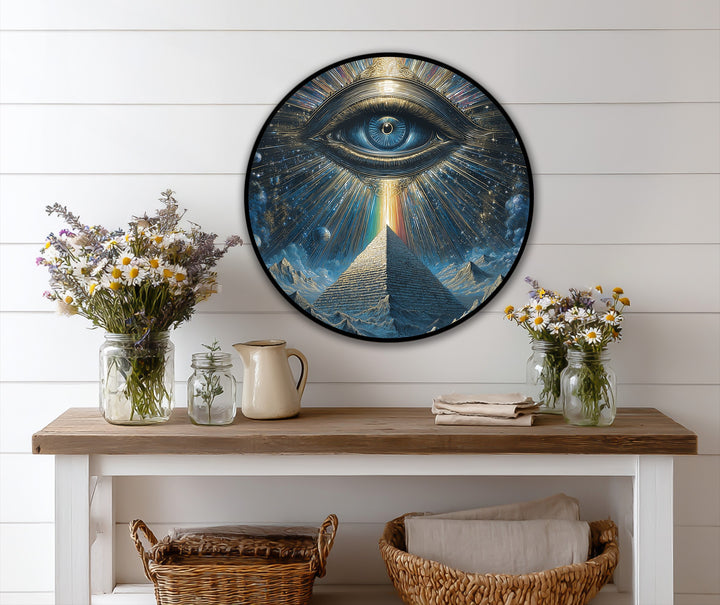 Cosmic rays and brilliant gold accents highlight the oil painting home decor, an eye over a pyramid, making this celestial vision a truly mystical work.