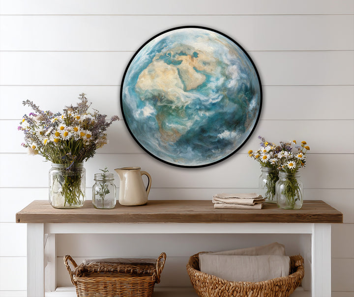 Softly blended oil painting reproduction print gives this atmospheric globe a unique, hand-painted finish for a modern Earth From Above artwork.