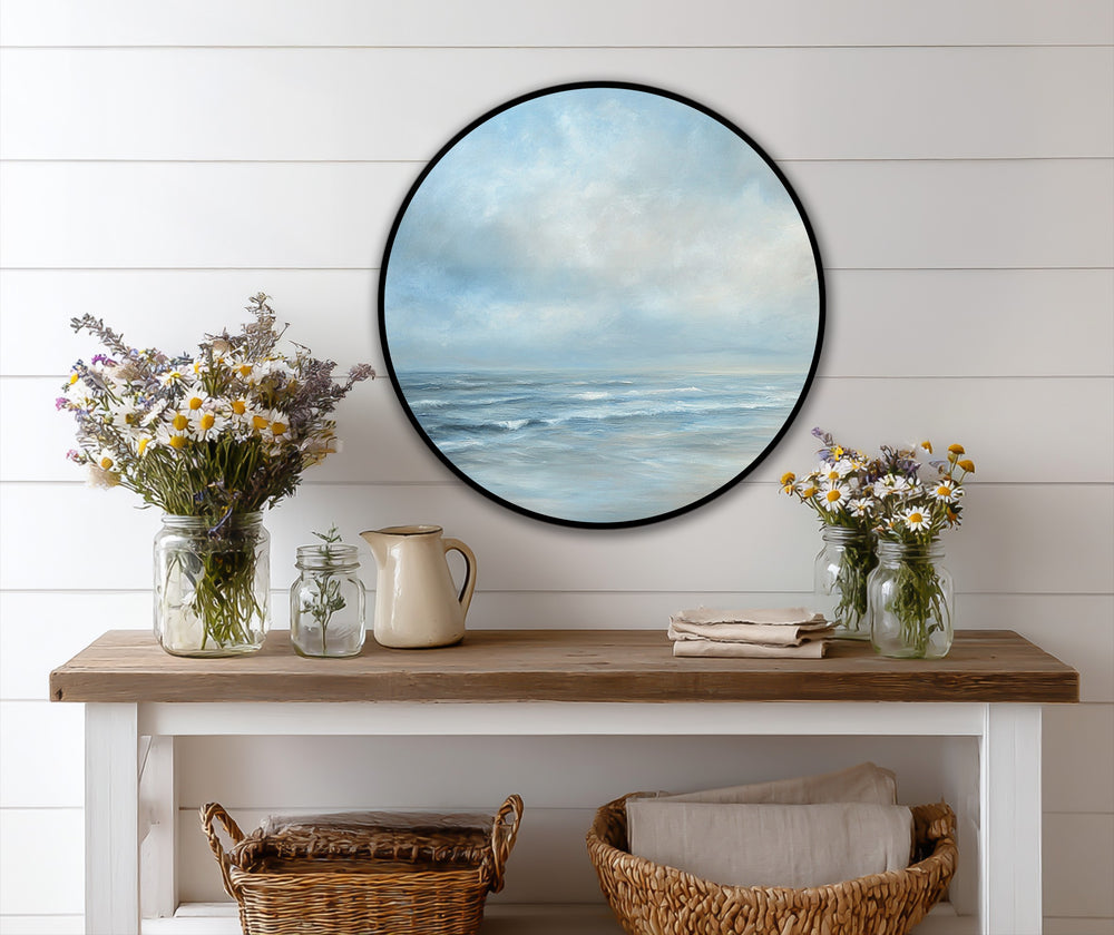 Brightest area showcases the serene sky in this round oil painting art of a tranquil seascape, a piece of modern oil painting art featuring softly crashing waves.