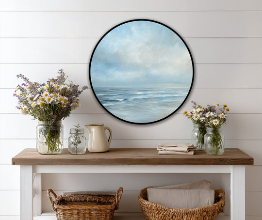 Brightest area showcases the serene sky in this round oil painting art of a tranquil seascape, a piece of modern oil painting art featuring softly crashing waves.