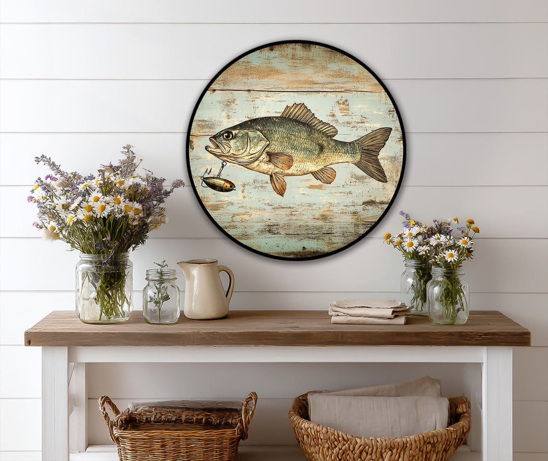 Rustic Catch – Pez lubina redondo vintage Cuadro al óleo