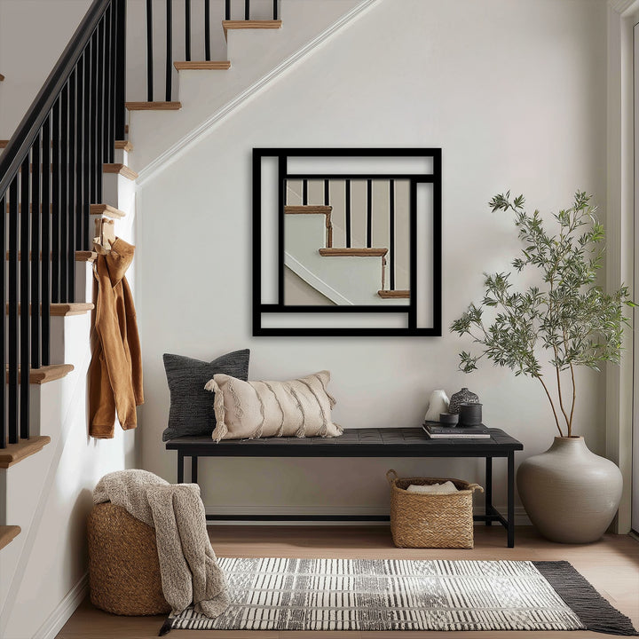 The framed geometry square mirror features bold geometric lines and square shapes as decoration wall art, creating a modern and structural mirror for wall decor.
