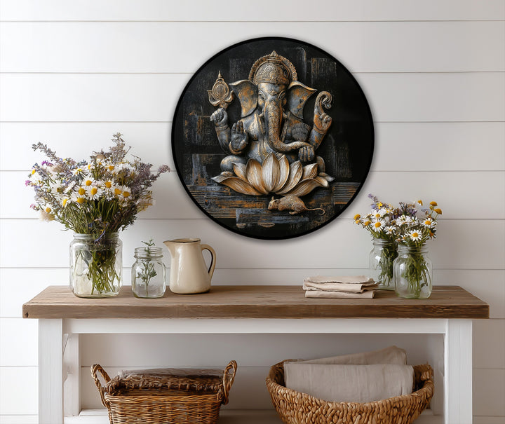 Swirling with detail, the Ganesha lotus round oil painting home decor artwork captures a sense of flowing energy with its intricate bronze and gold design.