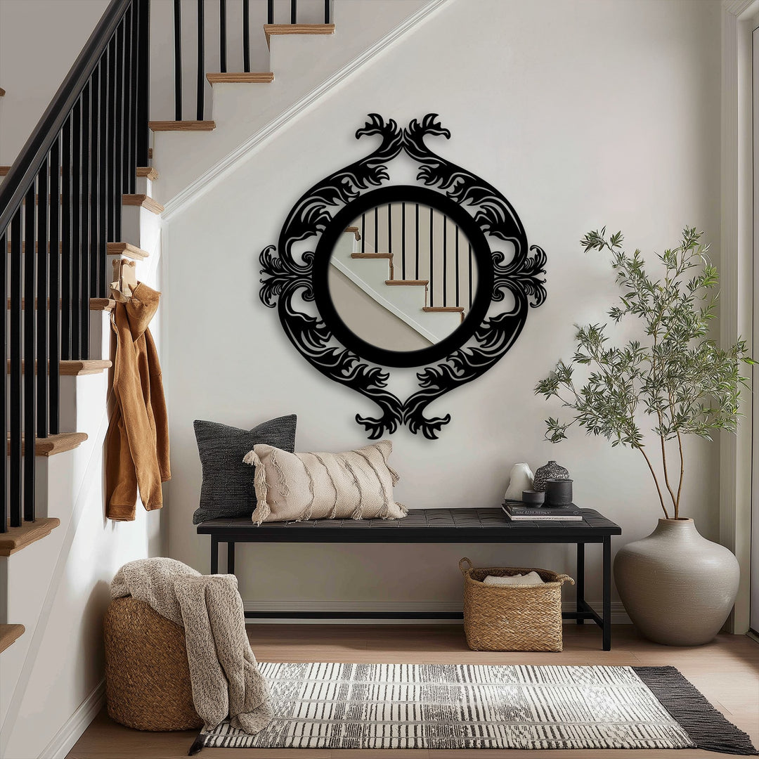 Reflecting stairs, the ornate metal wall mirror shows a beautiful transition between colors, enhanced by its bold, decorative metal art dragon design.