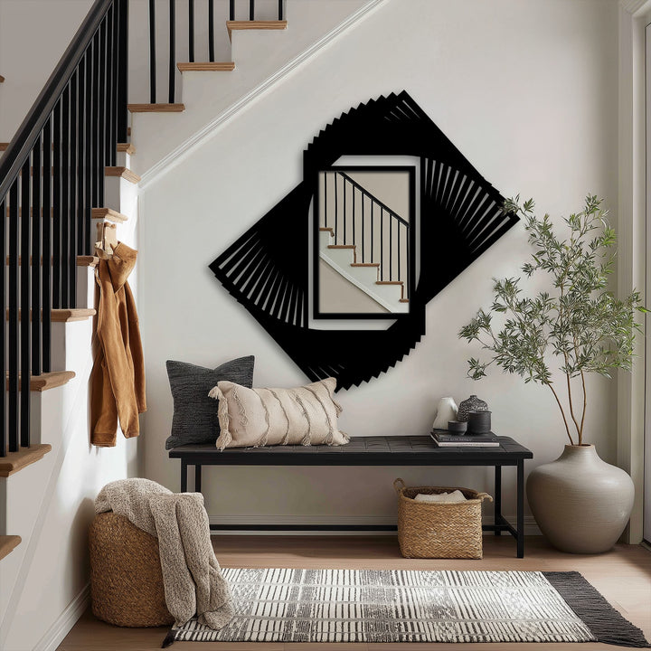 The overlapping geometric blades of the rotating metal floor mirror's dynamic spiral frame create a striking decorative metal art layering effect.