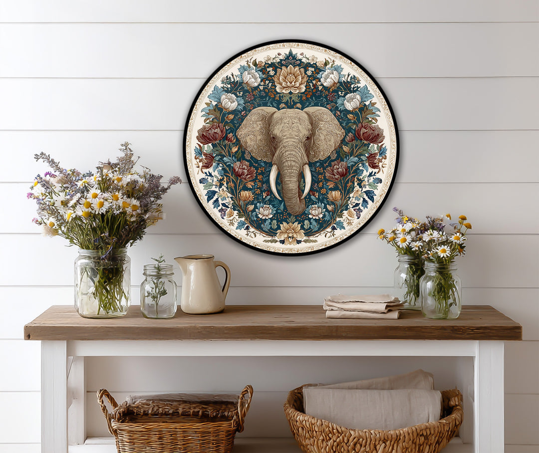 Circular flourishes around the elephant in this oil painting home decor seemingly radiate energy on this floral majesty round oil painting.