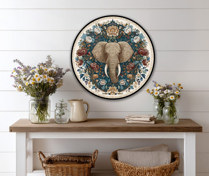 Circular flourishes around the elephant in this oil painting home decor seemingly radiate energy on this floral majesty round oil painting.