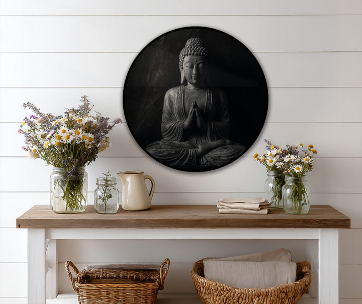 Transitioning from shadowy depths to serene highlights, this oil painting reproduction print captures the meditative Buddha in a round minimalist design.