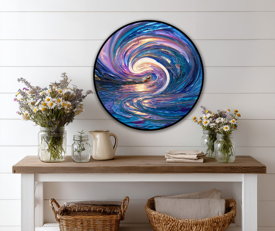 Abstract rendering of a celestial tide iridescent wave round oil painting, showcasing the beauty of an oil painting reproduction print with swirling blues and violets.