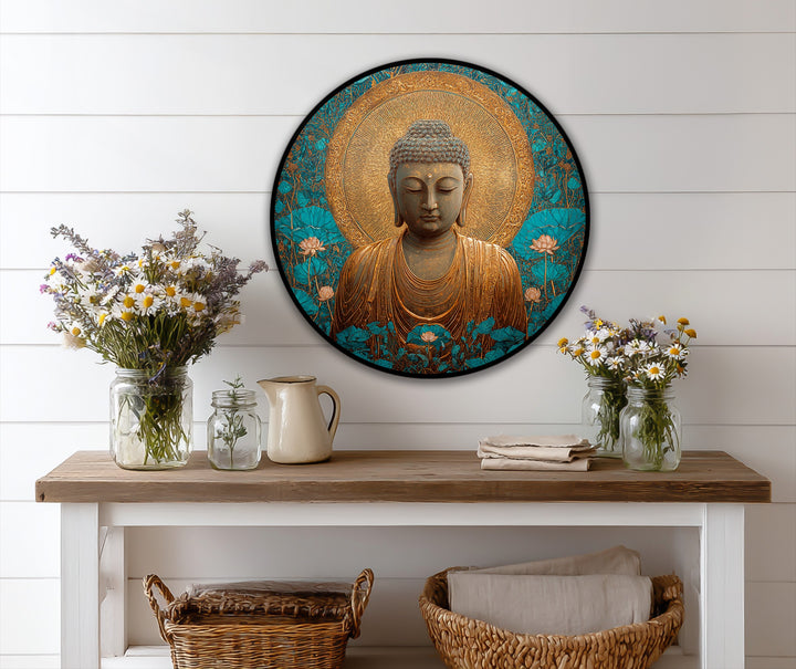 Repeating lotus motifs in this modern oil painting art create a visual rhythm around the golden Buddha, bringing a sense of tranquility and peace.