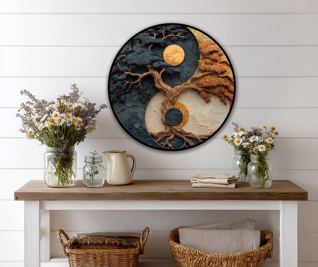Foreground detail highlights the oil painting reproduction print of a celestial balance tree, a round abstract featuring gold and earthy tones that creates serene wall art.