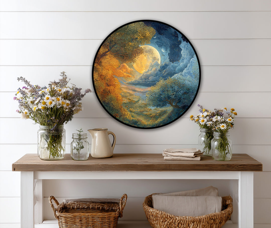 Juxtaposing golden yellows and deep blues create a striking color contrast in this moonlit harmony oil painting reproduction print of a dreamlike landscape.