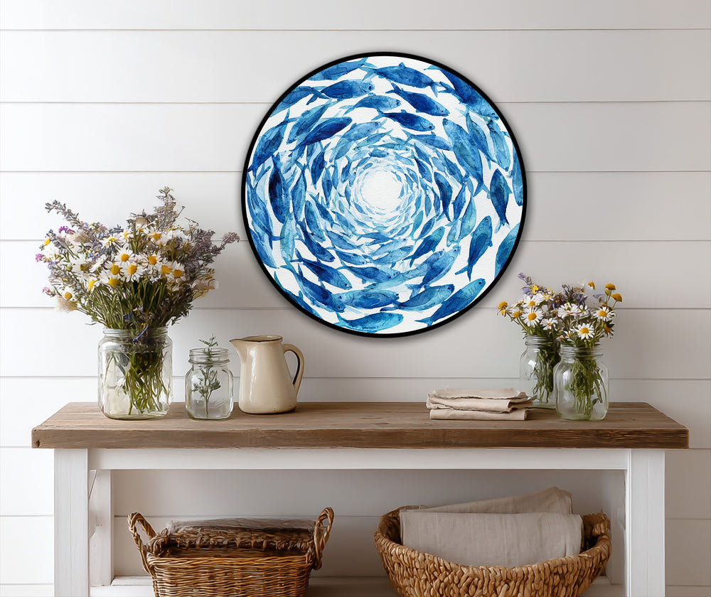 Highlighting the layering effect, the round wood oil painting presents a blue spiral school of fish, creating a stunning oil painting reproduction print.