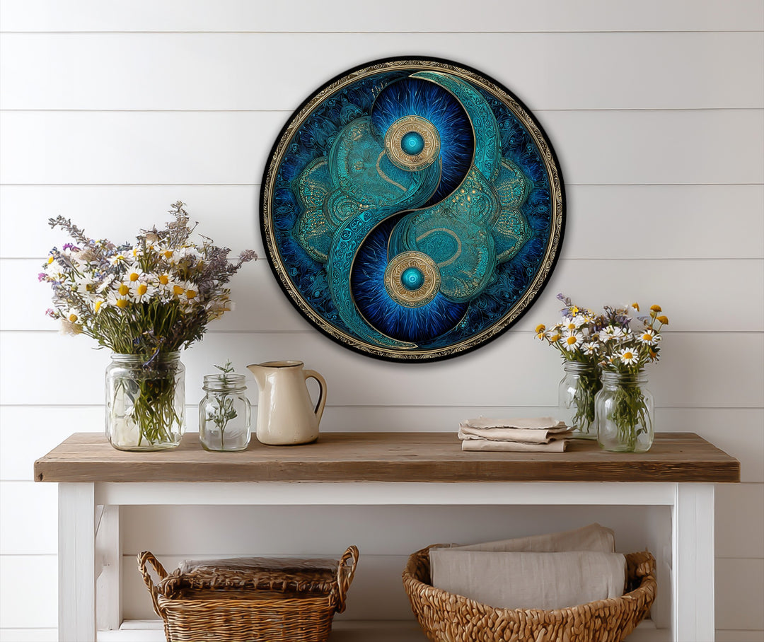 Centrally positioned, the turquoise and gold Eternal Balance round oil painting artwork presents a mesmerizing yin yang design with intricate detailing.