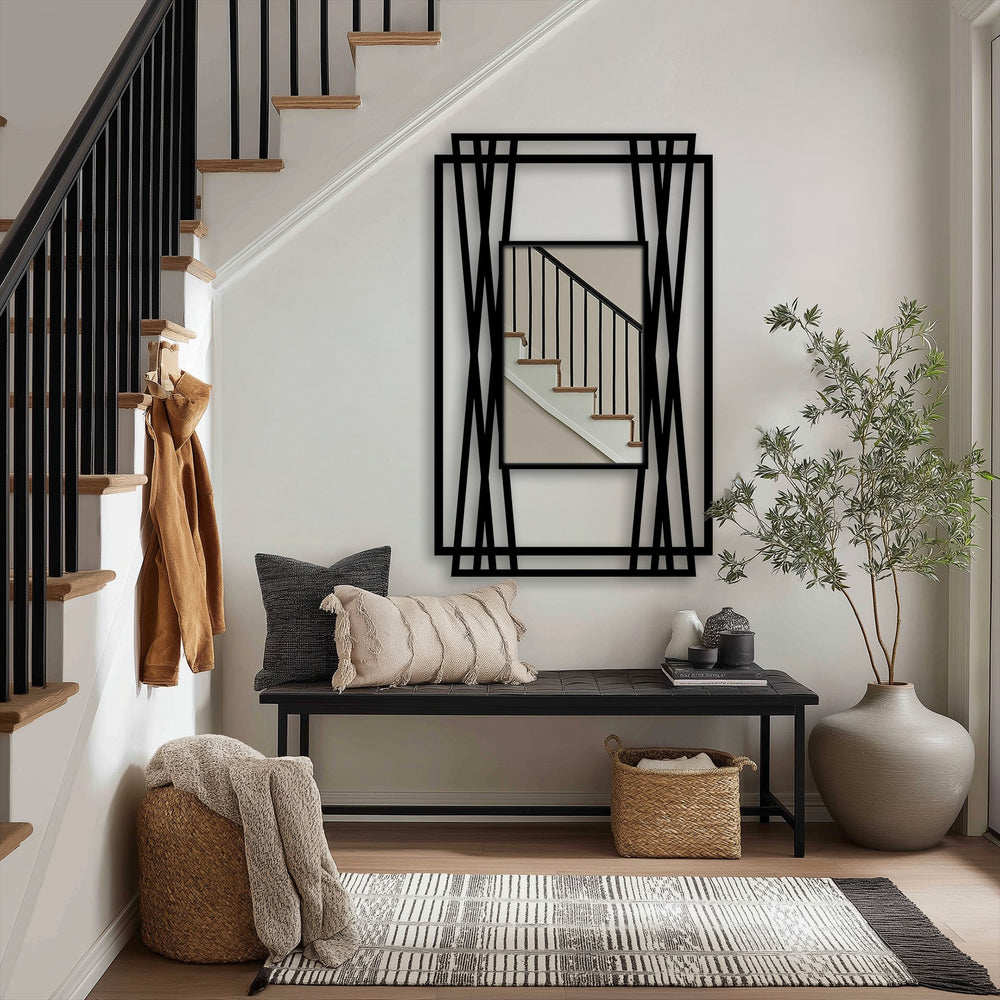Black geometric metal details frame the floor mirror, providing contrast and emphasizing the reflective surface with a modern metal wall decor look.