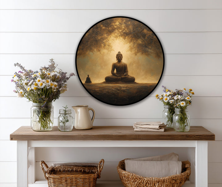 Round canvas displays geometric harmony of a golden Buddha oil painting with circular framing, exemplifying a unique style of oil painting wall art.