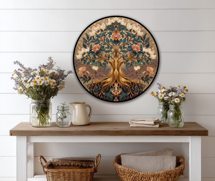 Botanical blooms and foliage in this round oil painting artwork offer a soft, delicate touch with lush floral details and a captivating tree design in teal and gold tones.