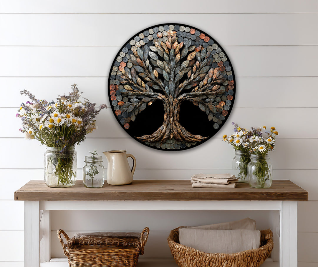 Porte-monnaie rustique–Rond en bois Tableau Peinture à l’huile Art mural
