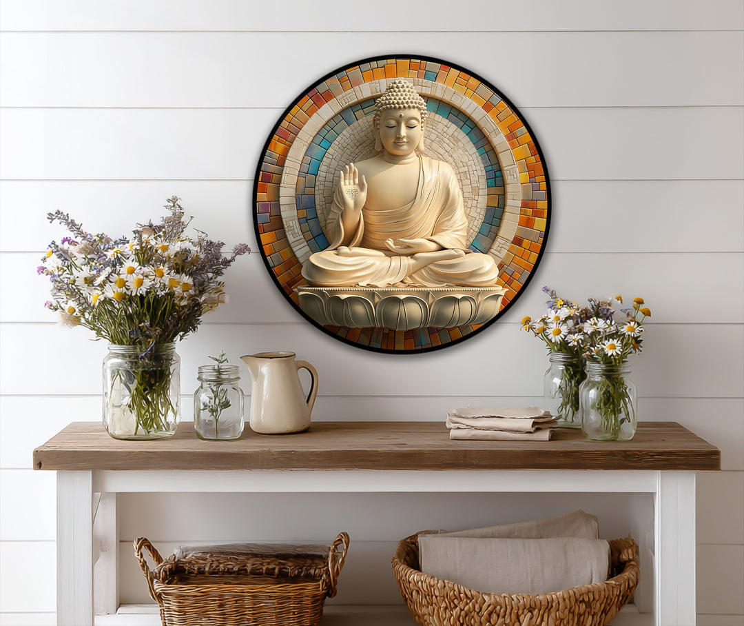Swirling colors in the mosaic halo of the Radiant Blessing Buddha round oil painting home decor give the artwork a sense of spiritual movement and peace.