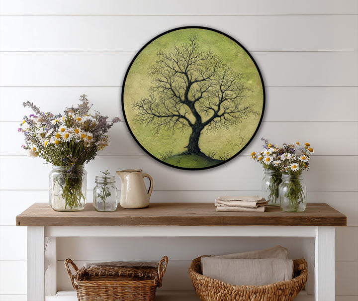 Abstract quality highlighting the round oil painting art prints, presenting the solitary branching tree as a minimalist study in form and color on a soft green ground.