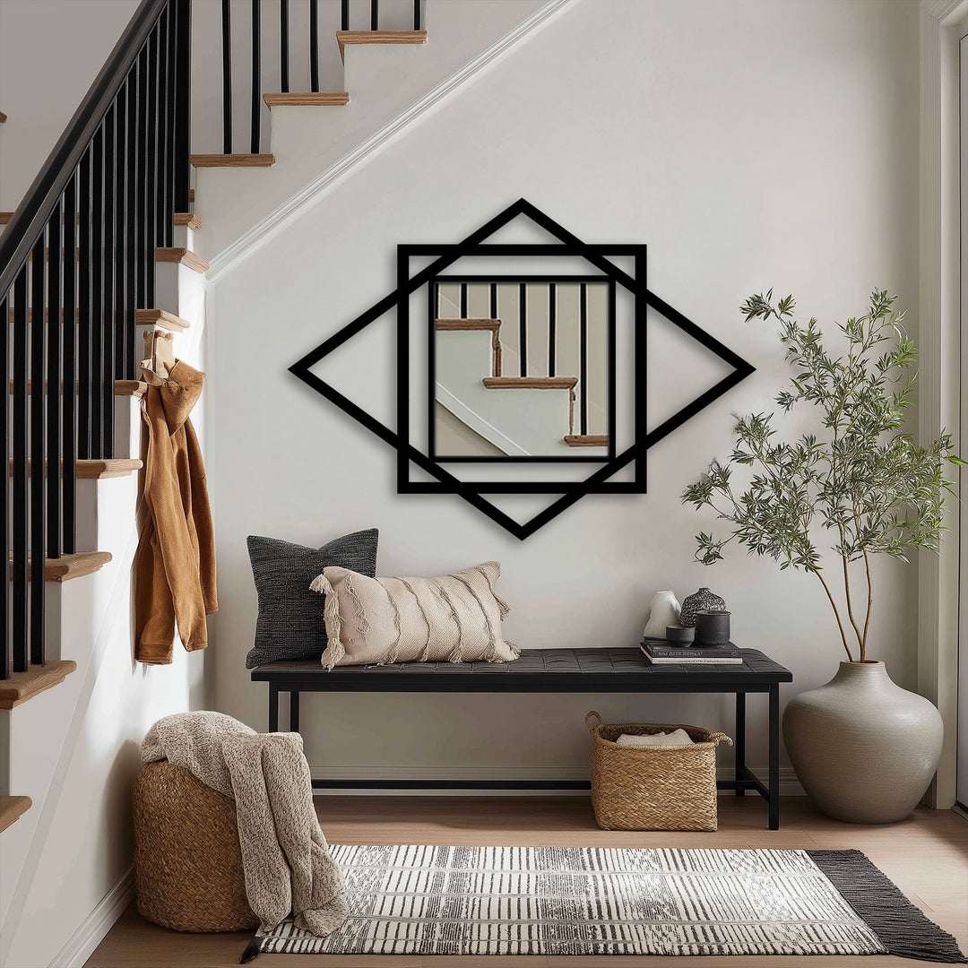 Sharp color contrast highlights the black geometric square frame of the Diamond Harmony decorative mirror against the bright white wall.