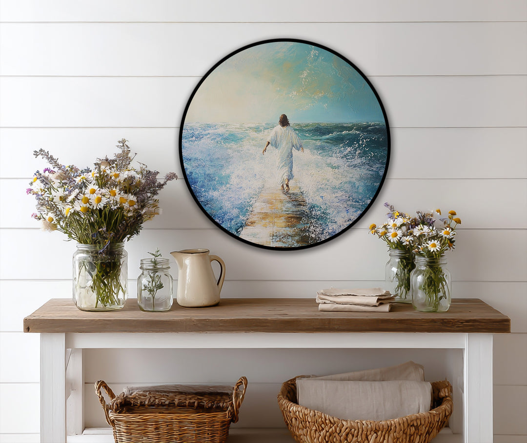 Framed by the deepest shadows, the 'Path of Faith – Walking Beyond the Waves' oil painting displays rich textures and a bold composition reminiscent of classic oil painting art prints.